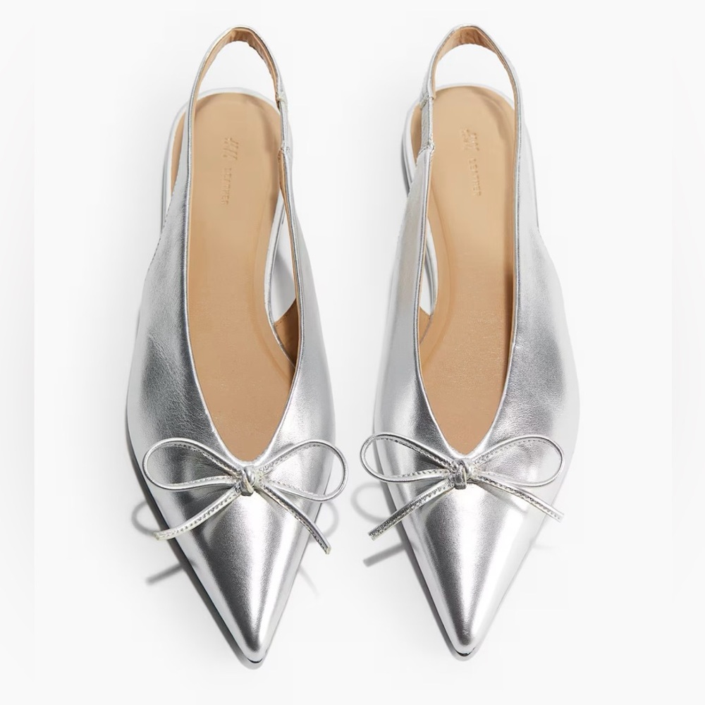 H&M Premium Selection Silver Leather Slingback Ballet Flats with bow. Sz 6. NWT